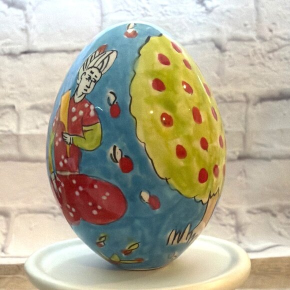 Hand-Painted Turkish Ceramic Pottery Egg Istanbul Grand Bazaar Blue Folk Art VTG - Picture 2 of 13